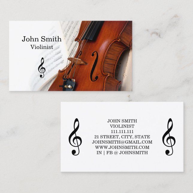 Carte de visite élégante de violoniste en blanc (Devant / Derrière)