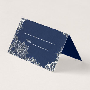 Carte De Visite élégante dentelle blanche marine bleu Place Card