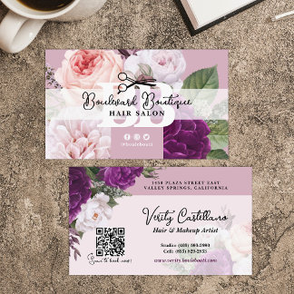 Carte De Visite Elégante Dusty Mauve Floral Hair Salon Styliste QR