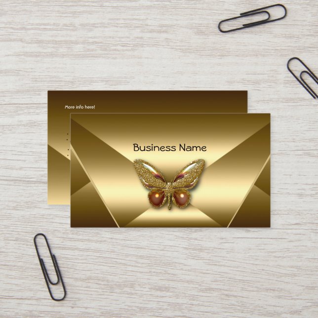 Carte de visite élégante en bronze doré papillon b (Devant/Arrière en situation)
