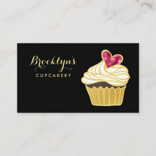 Carte De Visite Élégante FAUX Gold Cupcakery et Pink Bokeh Heart