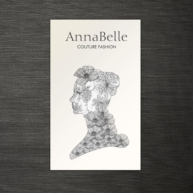 Carte De Visite Élégante femme de beauté florale noire et blanche (Créateur téléchargé)