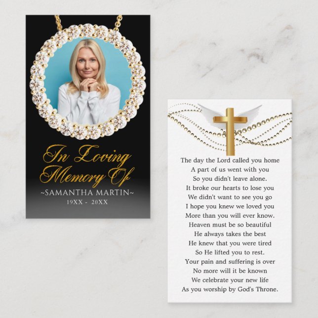 Carte De Visite Elégante Gold Diamonds Photo Funeral Prayer Card (Devant / Derrière)