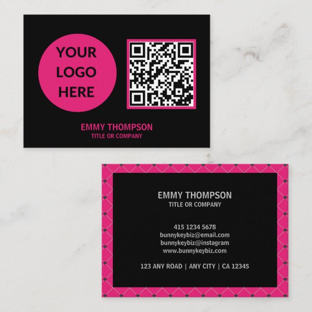 Carte De Visite Elégante Hot Pink Magenta Black QR Scan Company (Devant / Derrière)