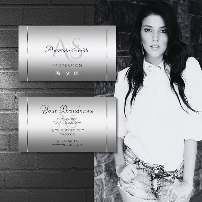 Carte De Visite Élégante Lettres nobles en argent clair avec diama (Créateur téléchargé)