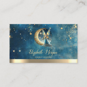 Carte De Visite Élégante Lune Dorée Fée Étoiles Aquarelle Bleue
