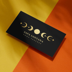 Carte De Visite Élégante Lune Noire & Or Phases Professeur de Yoga