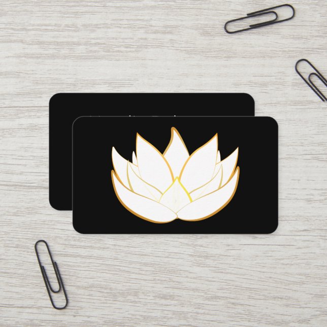 Carte de visite élégante moderne dorée lotus noir (Devant/Arrière en situation)