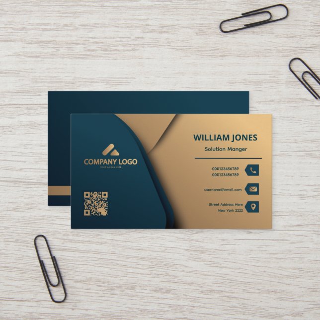 Carte de visite élégante or et vert, Code QR  (Devant/Arrière en situation)