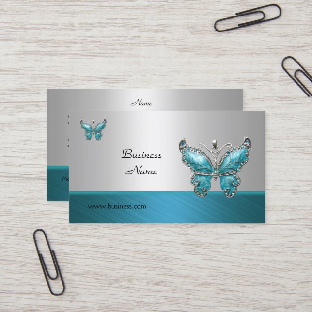 Carte de visite élégante Papillon Bleu sarcelle 2 (Devant/Arrière en situation)