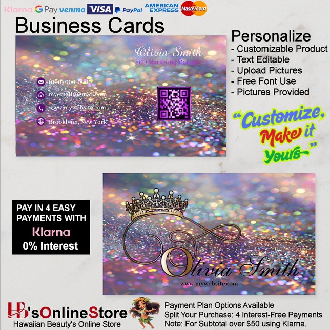 Carte De Visite Elégante Parties scintillant couleur couronne fill (Elegant Girly Crown Colorful Glitter QR Code Business Card 23.)