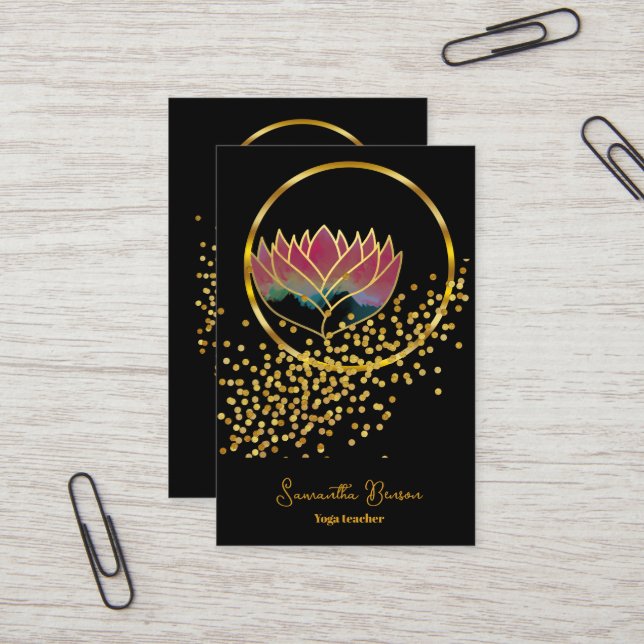 Carte De Visite Elégante Parties scintillant d'or Lotus Yoga Médit (Devant/Arrière en situation)