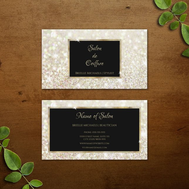 Carte De Visite Elégante Parties scintillant en or blanc Salon noi (Elegant White Gold Glitter Black and Gold Salon Business Cards)