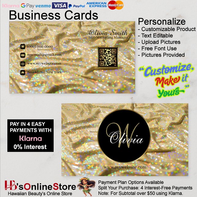 Carte De Visite Élégante Parties scintillant en satin or de Monogr (Elegant Trendy Monogram Girly Gold Satin Glitter Business Card 26.)