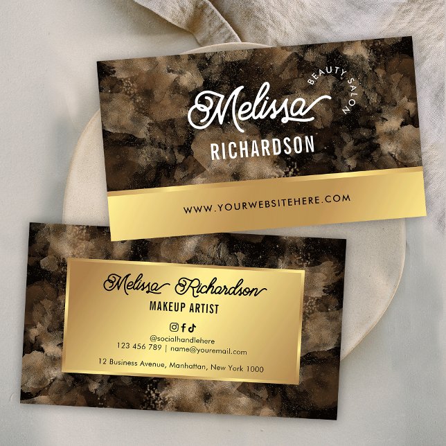 Carte De Visite Elégante Parties scintillant Noir & Or Aquarelle B (Stand out with these stylish black and faux gold glitter business cards)
