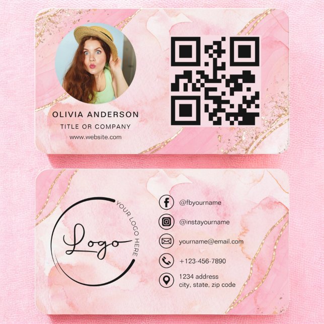 Carte De Visite Elégante Parties scintillant rose or QR Code Photo (Créateur téléchargé)