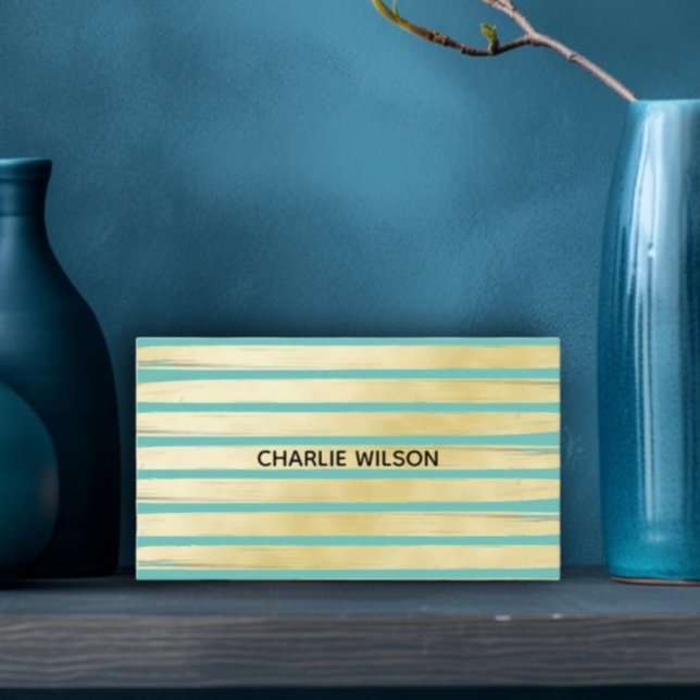 Carte De Visite Elégante peinture bleu turquoise doré rayé (Elegant blue turquoise gold foil paint striped business card)