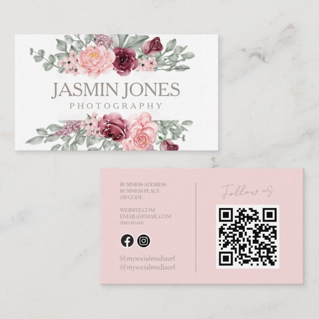 Carte De Visite Élégante photographie de code QR floral rose (Devant / Derrière)