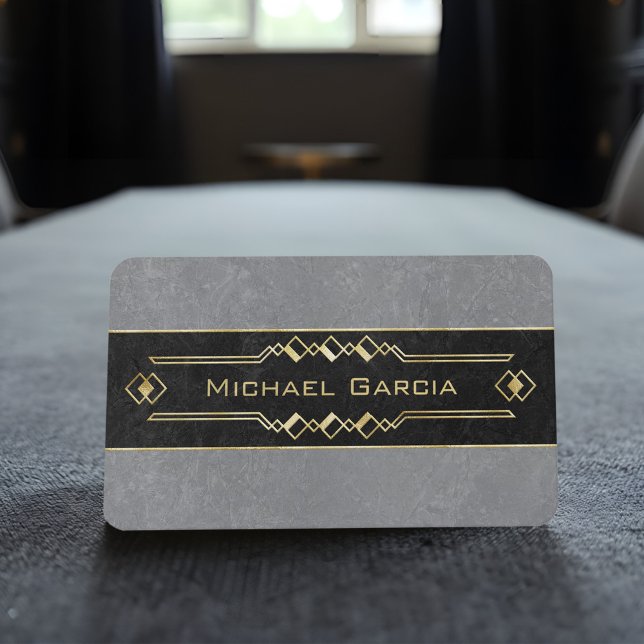 Carte De Visite Elégante pierre noire et grise avec accents Gold D (Sophisticated black and gray business cards with gold Art Deco accents, elegant and professional.)