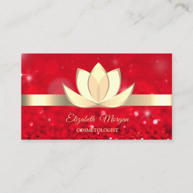 Carte De Visite Elégante Red Bokeh Gold Lotus Flower Yoga Reiki (Devant)