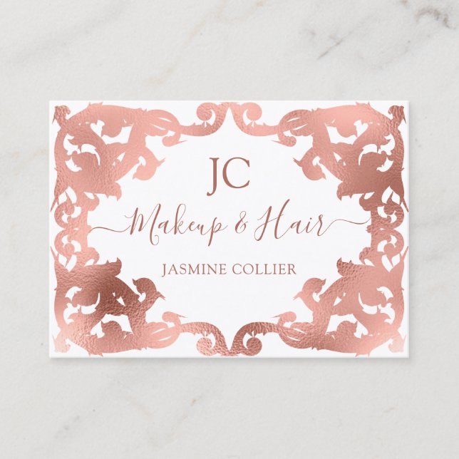 Carte De Visite Elégante Rose Gold Damask Cadre Styled (Devant)