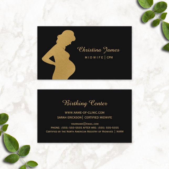 Carte De Visite Élégante sage-femme Noire et Faux Or femme enceint (Elegant Midwife Black and Faux Gold Pregnant Woman Business Cards)