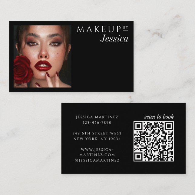 Carte De Visite Élégante Typographie Code QR Noir Photo Maquillage (Devant / Derrière)