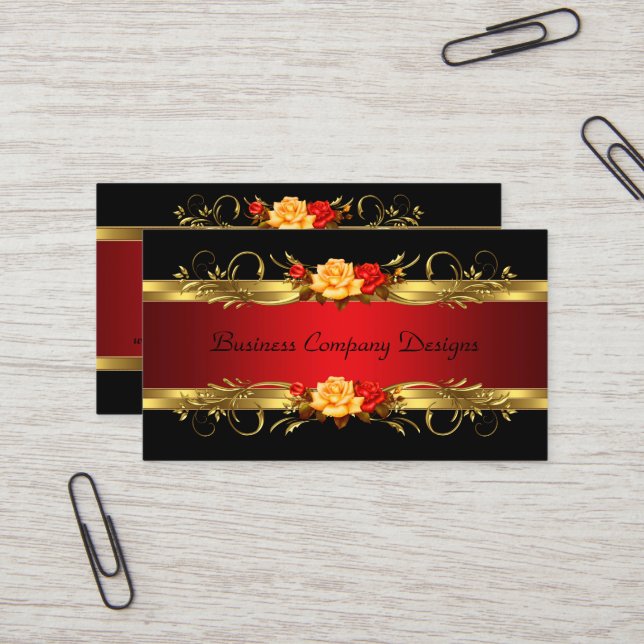 Carte De Visite Élégantes Classieuses Roses Rouge Noir Or (Devant/Arrière en situation)