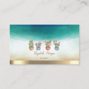 Carte De Visite Élégants succulents aquarelle à rayure dorée