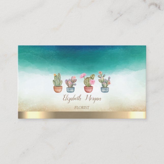 Carte De Visite Élégants succulents aquarelle à rayure dorée (Devant)