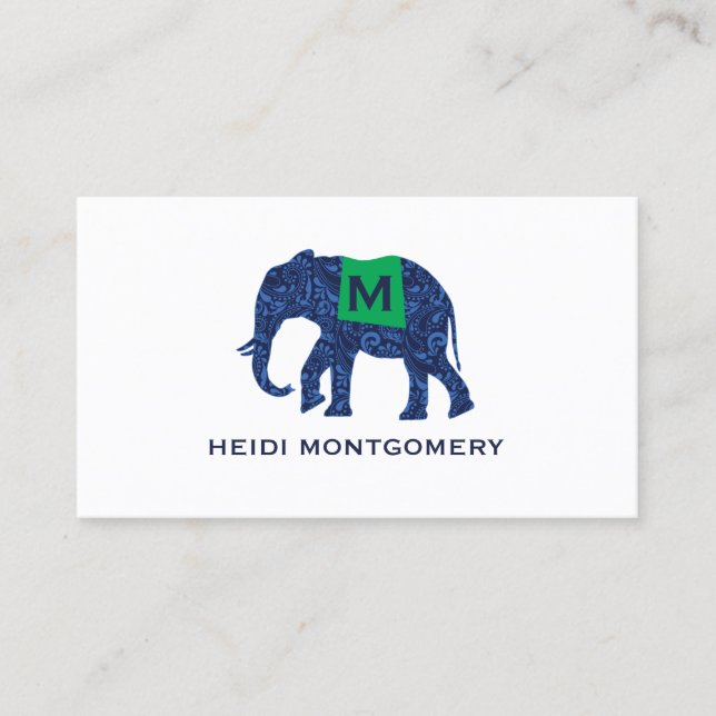 Carte De Visite Éléphant à motif bleu avec Monogramme (Devant)