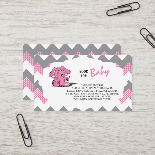 Carte De Visite Eléphant rose et gris Chevron | Apporter un livre (Devant/Arrière en situation)