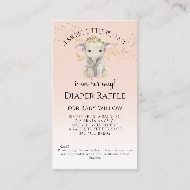 Carte De Visite Eléphant Thème Diaper Raffle Baby Girl Douche (Devant)