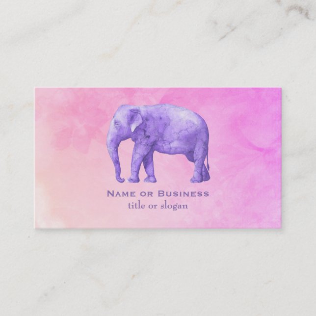 Carte De Visite Eléphant violet sur des aquarelles roses de rêve (Devant)