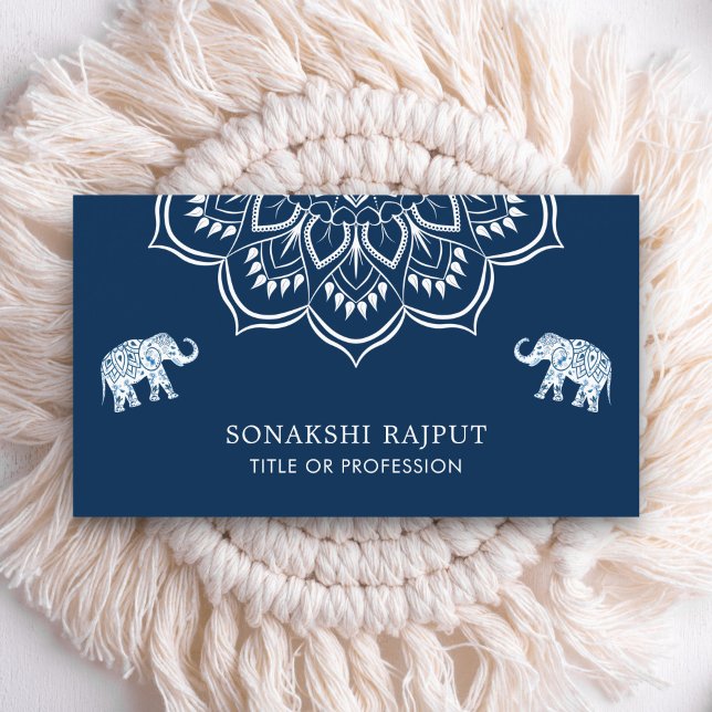 Carte De Visite Éléphants Mandala Bleu Marine Indien (Créateur téléchargé)