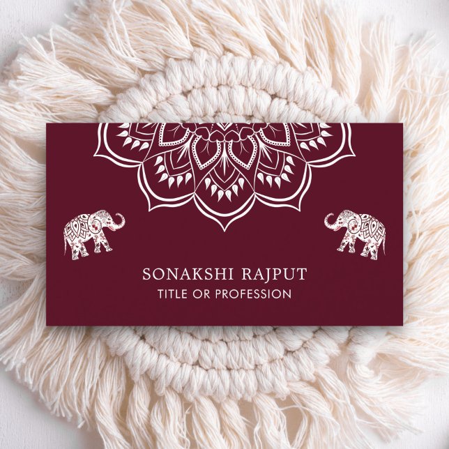 Carte De Visite Éléphants Mandala Bourgogne Indien (Créateur téléchargé)