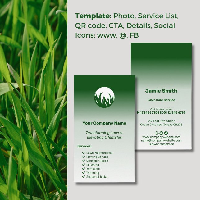 Carte De Visite Élevage des modes de vie Custom Green Lawn Care (Elevating Lifestyles Custom Green Lawn Care Business Card, Grass Logo, Slogan, Service List)