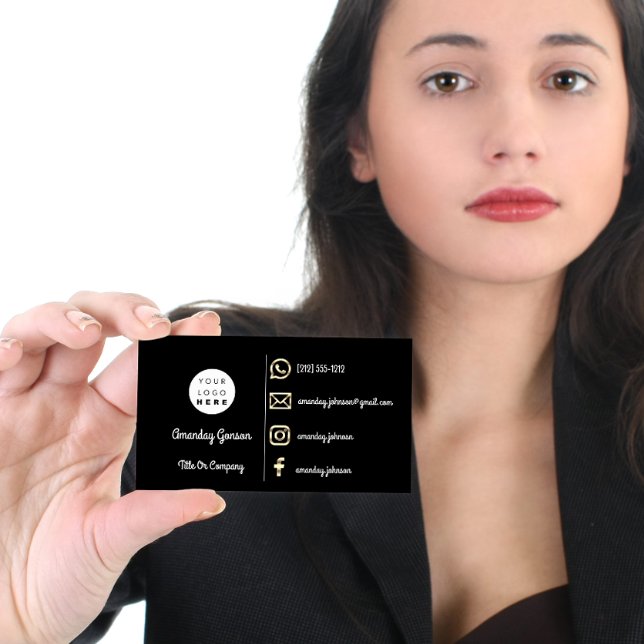 Carte De Visite Élever votre marque avec logo personnalisé Social  (Custom Logo Social Media Gold QR Code ModernBlack Business Card)