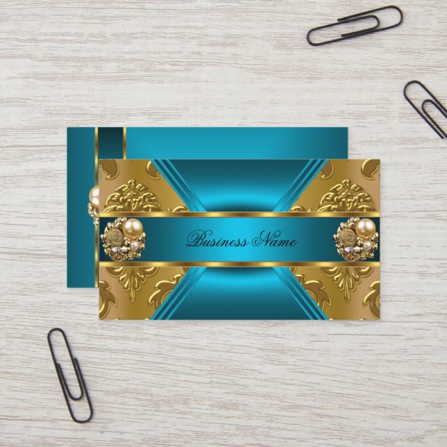 Carte De Visite Elite Business Turquoise Blue Gold Damask Jewel (Devant/Arrière en situation)