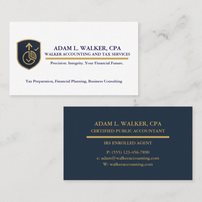 Carte De Visite Elite Navy & Gold CPA Tax Preparer Business Card (Devant / Derrière)