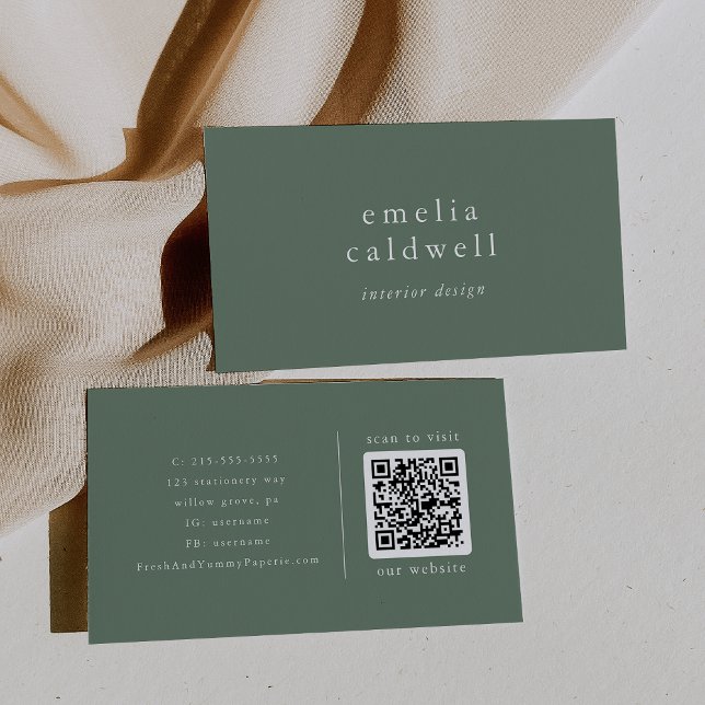 Carte De Visite EMELIA Moderne Sage Vert Olive Boho Rustique QR Co (EMELIA Modern Sage Green Olive Boho Rustic QR Code Business Card)