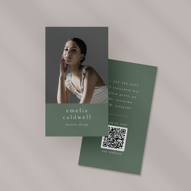 Carte De Visite EMELIA Sage Green Boho Rustique Simple Photo Moder (EMELIA Sage Green Boho Rustic Simple Modern Photo Business Card)