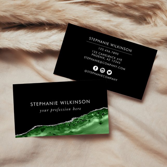 Carte De Visite Emerald Green Agate & Silver Parties scintillant B (Green Agate & Silver Glitter Border Black Business Card)