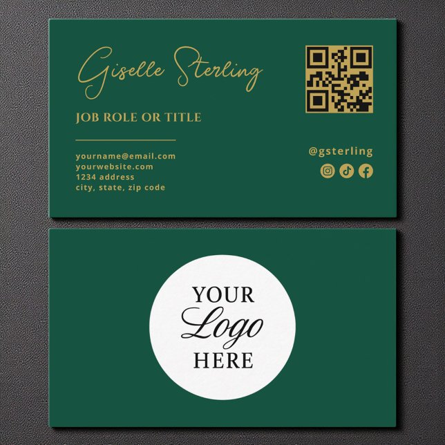 Carte De Visite Emerald Green Gold Logo QR Code Company (Créateur téléchargé)