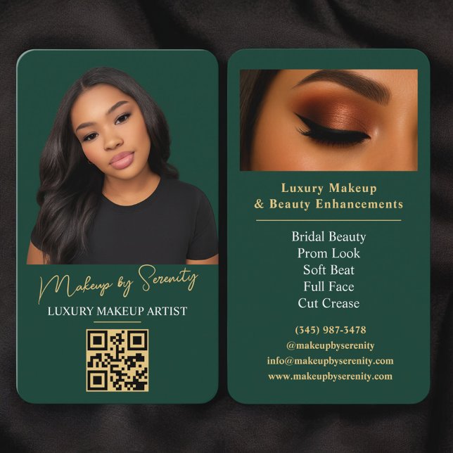 Carte De Visite Emerald Green Gold Makeup Artist QR Code Beauty (Créateur téléchargé)
