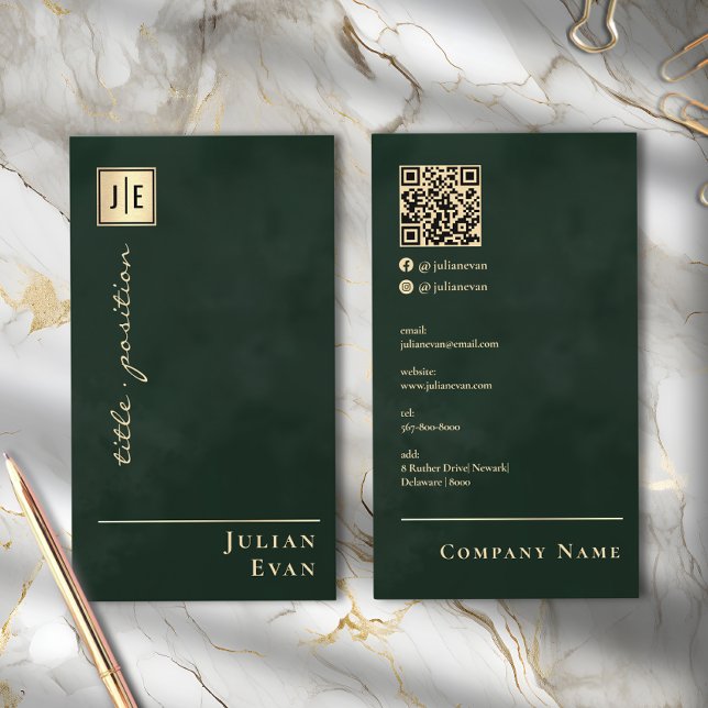 Carte De Visite Emerald Green & Gold Scannable QR Code Monogramme (Emerald Green & Gold Scannable QR Code Monogram Business Card )