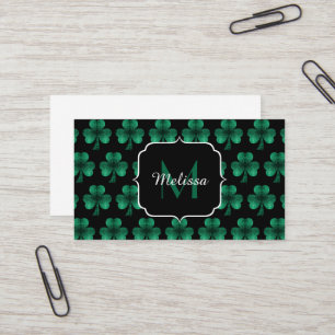 Carte De Visite Emerald Green Sparkle Shamrock noir Monogramme