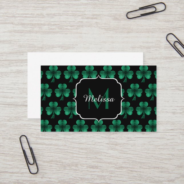 Carte De Visite Emerald Green Sparkle Shamrock noir Monogramme (Devant/Arrière en situation)