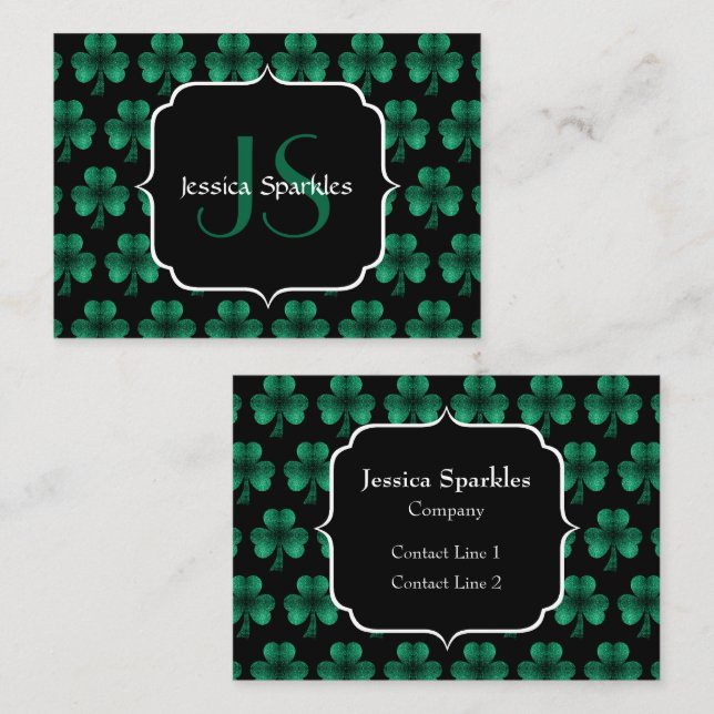 Carte De Visite Emerald Green Sparkle Shamrock noir Monogramme (Devant / Derrière)