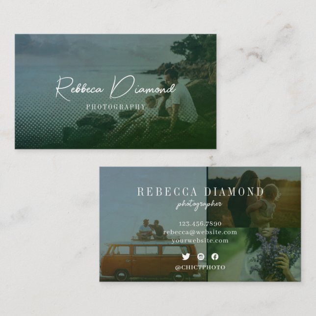 Carte De Visite Émeraude moderne vert superposition 4 Photos Scrip (Devant / Derrière)